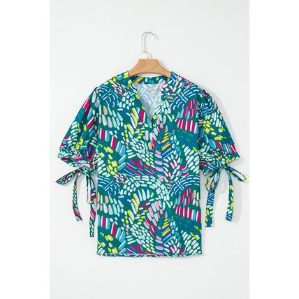 Green Abstract Print Knotted Short Sleeve Plus Size Blouse