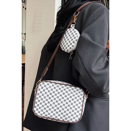 White Checkered Print PU Leather Shoulder Bag with Coin Wallet