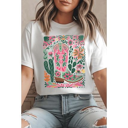 White Western Boot Flower Print Crew Neck Loose Tee
