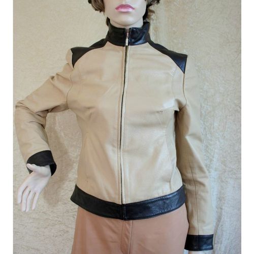 Vintage 1960 Style Womens Beige Brown Real Leather Jacket Size 10