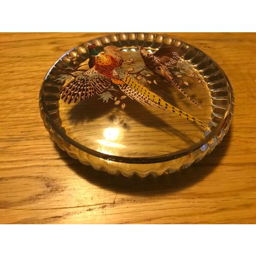 Ball Brand Glass Paper Weight with Pheasants, Fluted Edge
