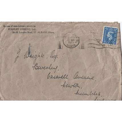 GB 1945 cover with St Albans pm & Victory slogan on SG envelope to Mumbles