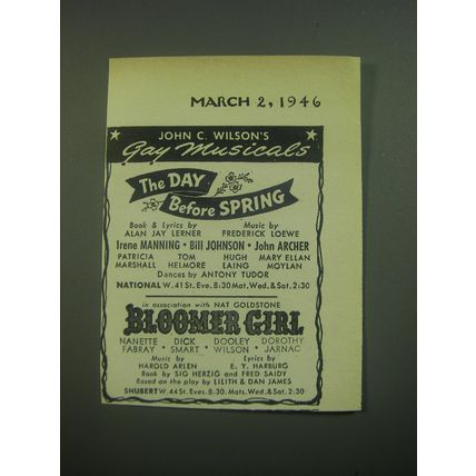 1946 The Day before Spring and Bloomer Girl Plays Ad - Gay Musicals