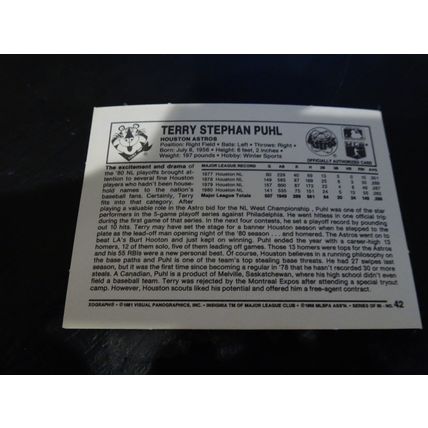 1981 Kellogg's 3-D Super Stars Card # 42 Terry Puhl Excellent (5) Houston Astros