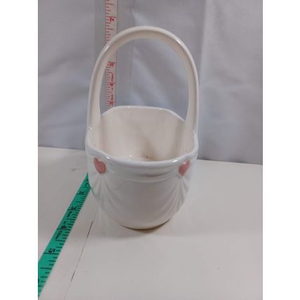 Vintage FTDA White Gathered/Draped Ceramic Basket with Handle & Pink Hearts 1985