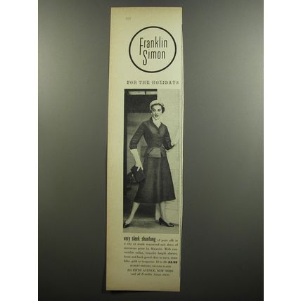 1952 Franklin Simon Majestic Dress Ad - Very sleek Shantung