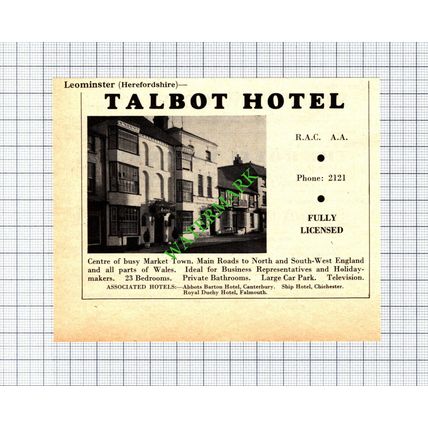 Talbot Hotel Leominster Herefordshire Advert - 1965 Small Cutting