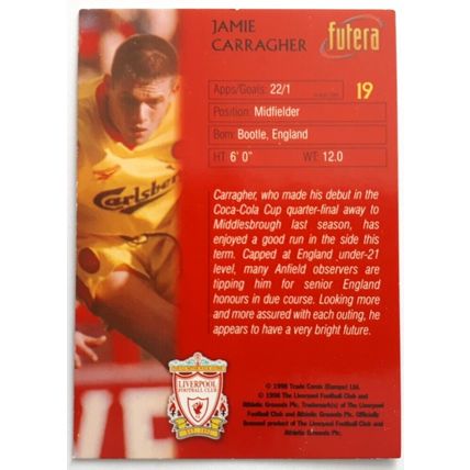 JAMIE CARRAGHER 1998 Futera Rookie RC Soccer Card LIVERPOOL #19