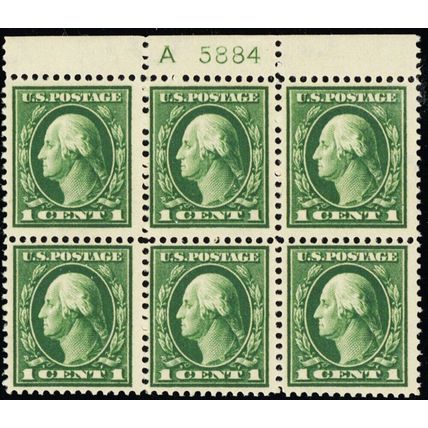 405, Mint NH 1¢ Top Plate Block of Six Stamps CV $185 - Stuart Katz