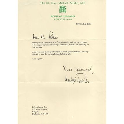Michael Portillo Conservative MP House Of Commons Hand Signed Letter