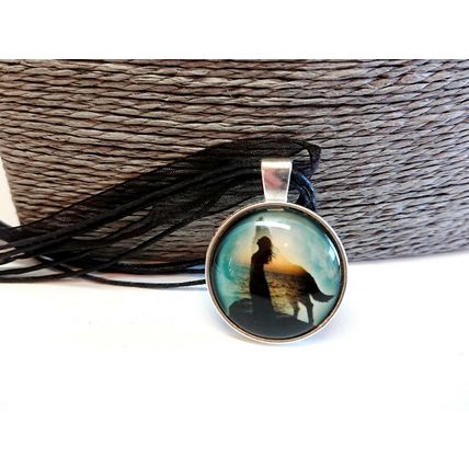Wolf Dog Spirit Guide Glass Cabochon Pendant Black Organza Necklace Gift Boxed