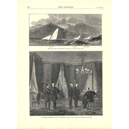 GENEVA ARBITRATION - ROOM IN THE HOTEL DE BEAU RIVAGE 1872 VICTORIAN ENGRAVING