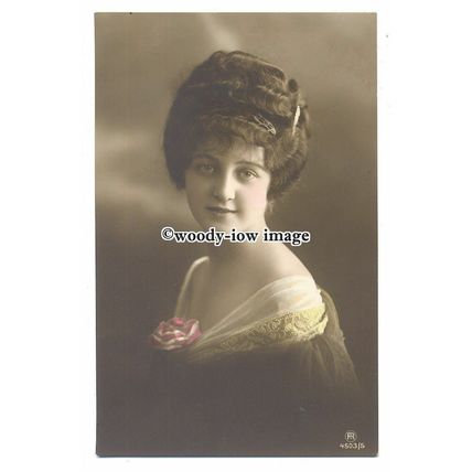 gla0069 - Young Woman in a Brown Dress with White Neckline & Rose - postcard