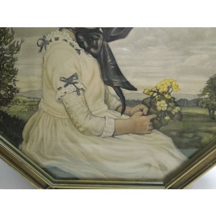 Antique Art Print by Artist, C. Max, Cornielle Max, "Girl With Yellow Flowers"