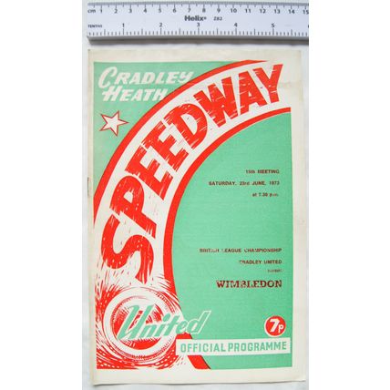 1973 Cradley Heath v Wimbledon Speedway Programme - 23rd June