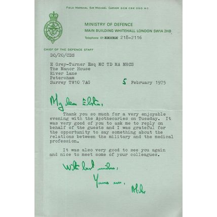 Michael Carver WW2 Field Marshall 1975 Hand Signed MOD Letter To WW2 Doctor
