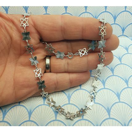 Vintage 925 Sterling Silver Diamond Cut Star Design Panel Link Chain Necklace