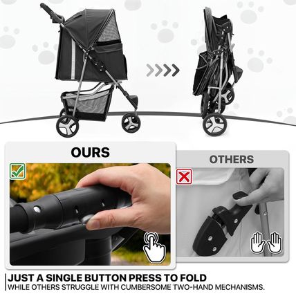 Monibloom Foldable Pet Stroller with Weather Cover, 3 Wheels Pet Strolling Cart