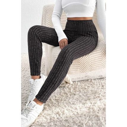Dark Grey Wide Waistband Ribbed Textured Knit Leggings