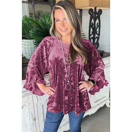 Red Dahlia Velvet Pagoda Sleeve Crew Neck Top