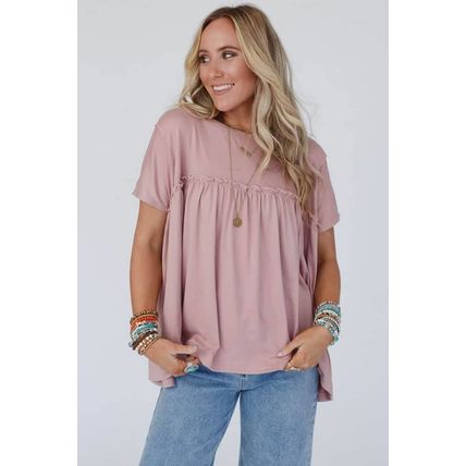 Light Pink Ruffled Trim Loose Babydoll Tee