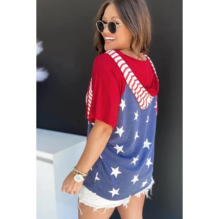 Fiery Red Stars and Stripes Print Drawstring Hooded T Shirt