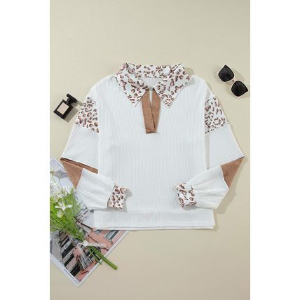 White Leopard Patchwork Turn-down Collar Waffle Top
