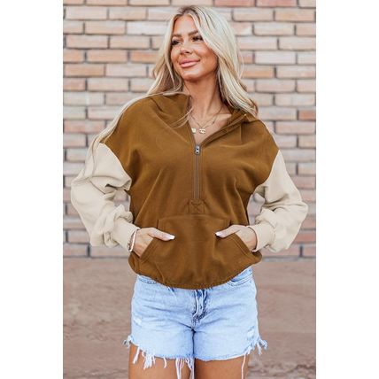 Chestnut Color Block Half Zip Kangaroo Pocketed Hoodie