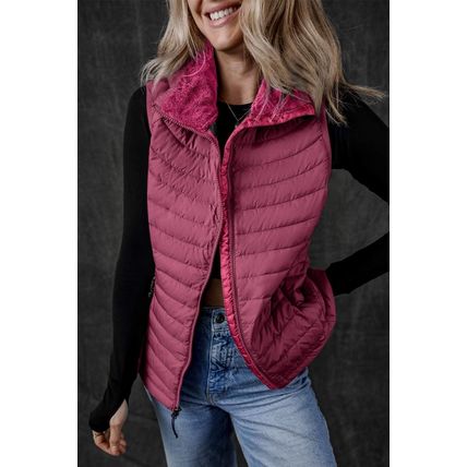Burgundy Plush Collared Quilted Zipped Puffer Vest