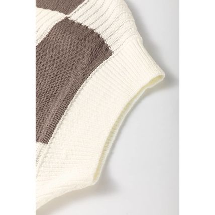 Khaki Checkered Color Block Crew Neck Short Sleeve Sweater