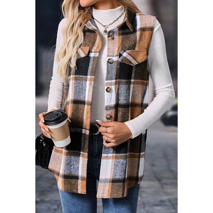 Straw Yellow Retro Plaid Button up Collared Vest