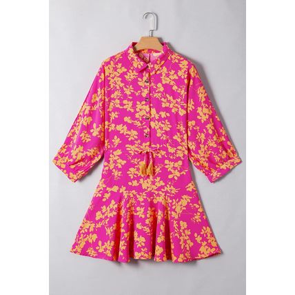 Pink Floral Print Drawstring Tunic Flowy Short Dress
