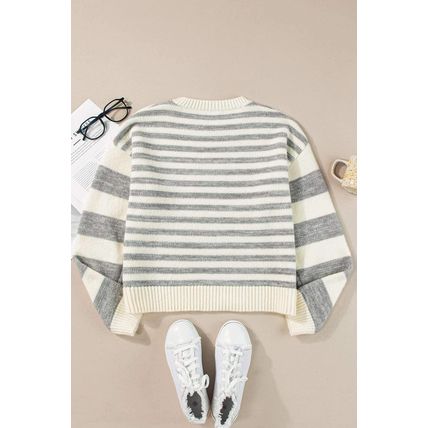 Gray Stripe Drop Shoulder Crew Neck Sweater