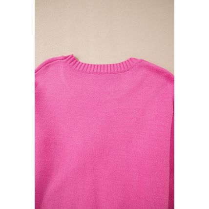 Bright Pink Corded Flower Bow Ribbed Trim Casual Sweater