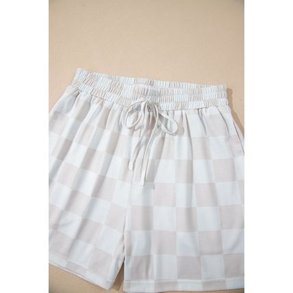 Beige Checkered V Neck Tee Drawstring Shorts Lounge Set