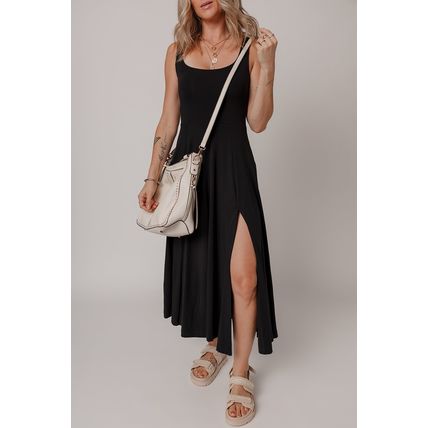Black Sleeveless Scoop Neck Flared Split Midi Dress