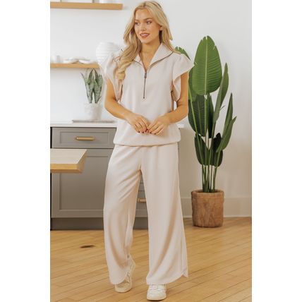 Apricot Textured Ruffled Sleeve Zipped Top and Wide Leg Pants Set