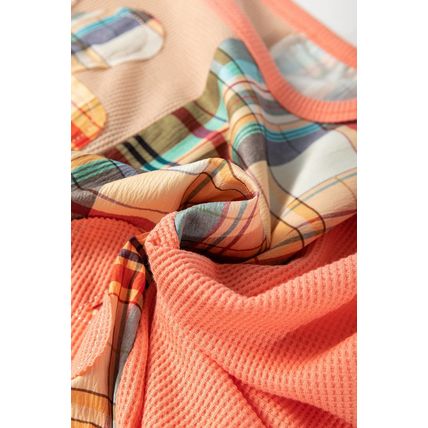 Multicolour Waffle Knit Plaid Patchwork Side Slits Loose Sweatshirt