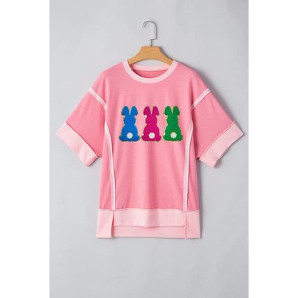 Peach Blossom Contrast Patchwork Detail Chenille Bunny Patched Easter Graphic Te