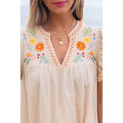 Jet Stream Linen Embroidery Split Neck Pom Pom Ruffle Sleeves Flowy Short Dress