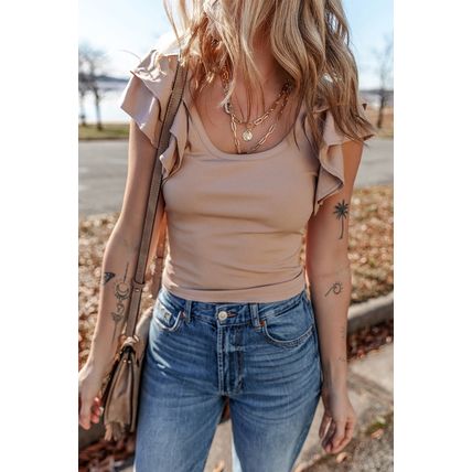 Smoke Gray Ribbed Knit Ruffled Shoulder Slim Fit Tank Top