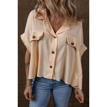 Beige Waffle Splicing Short Batwing Sleeve Flap Detail Shirt