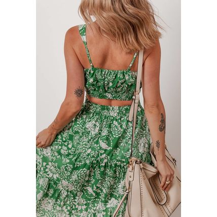 Green Floral Print Shirred Crop Top and High Waist Midi Skirt Set