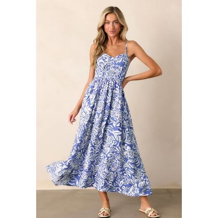 Sky Blue Floral Print Spaghetti Strap High Waist Maxi Dress