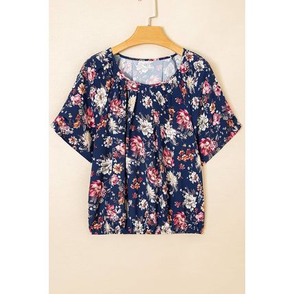 Blue Floral Short Sleeve Scoop Neck Casual Blouse