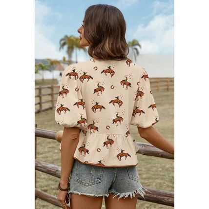 Apricot Cowboy Print Puff Sleeve Bowknot Peplum Blouse
