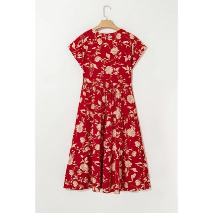Red Floral Print Buttoned Front V Neck Tiered Short Sleeve Midi Dress