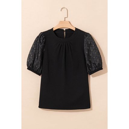 Black Feather Bubble Sleeve Patchwork Textured Blouse
