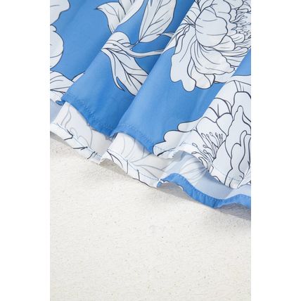 Sky Blue Floral Ricrac Trim Collared Puff Sleeve Loose Blouse