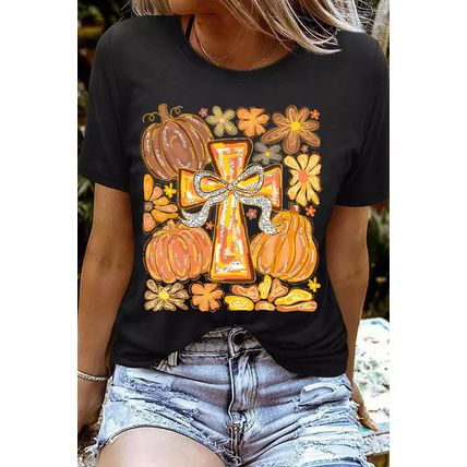 Black Thanksgiving Pray Cross Pumpkin Graphic Cotton Blend Tee
